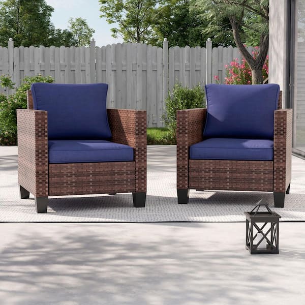 2-Pack Brown Wicker Patio Outdoor Single Sofa with Navy Blue Cushion