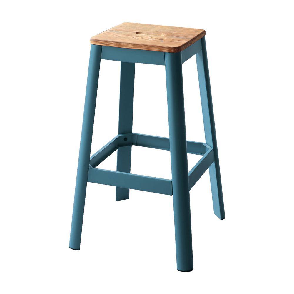 Natural Pine and Teal Metal Backless Bar Stool