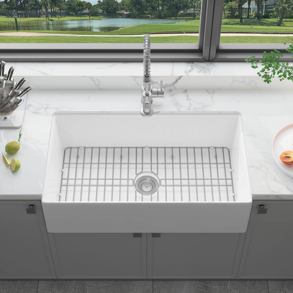 Sinber 36" White Fireclay Farmhouse Apron Single Bowl Kitchen Sink with Drainboard