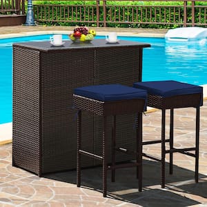 Rattan Bar Table Stool Set Cushioned Chairs with Navy and Off White Cover