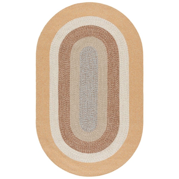 Braided Brown/Light Brown 3 ft. x 5 ft. Machine Washable Solid Striped Border Oval Area Rug