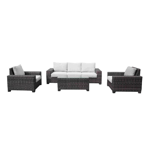 Sol Living Castello Brown 4-Piece Wicker Rectangle 18.5 in. Patio Conversation with Gray Cushions
