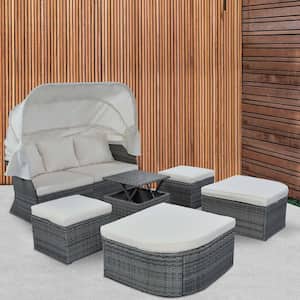 6-pieces Wicker Outdoor Patio Sofa Set Day Bed with Retractable Canopy Conversation Set Furniture Set with Cushion Beige