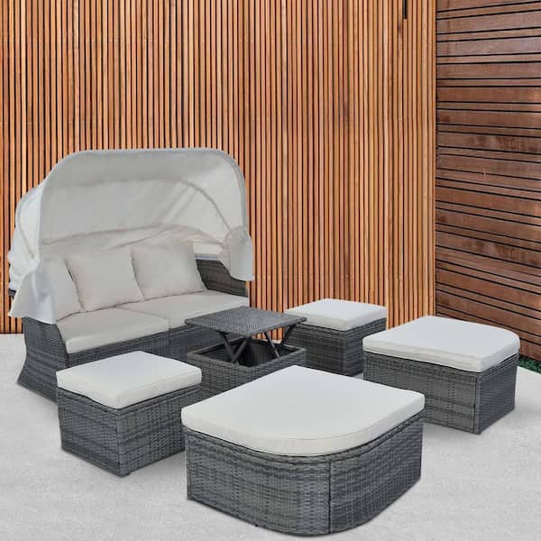 Tunearary 6-pieces Wicker Outdoor Patio Sofa Set Day Bed with Retractable Canopy Conversation Set Furniture Set with Cushion Beige