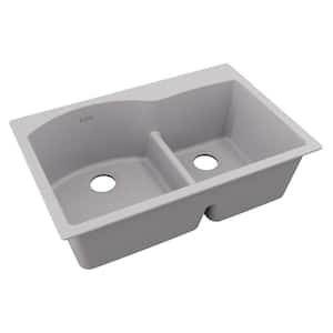 Quartz Classic 33 in. Drop-in Offset 60/40 Double Bowl Greystone Granite/Quartz Composite Kitchen Sink Only