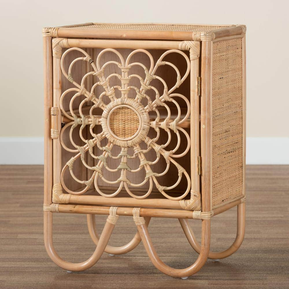 Acelin Natural Brown Rattan Bohemian Nightstand with Curved Legs