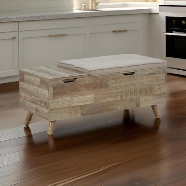 Benjara Gimi Brown Wood Backless Storage Dining Table Bench with Beige Polyester Foam Cushion 39 in.