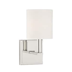 Waverly 5 in. W x 11 in. H 1-Light Polished Nickel Wall Sconce with White Fabric Cylindrical Shade