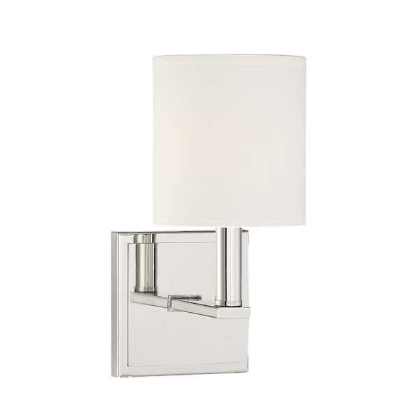 Savoy House Waverly 5 in. W x 11 in. H 1-Light Polished Nickel Wall Sconce with White Fabric Cylindrical Shade