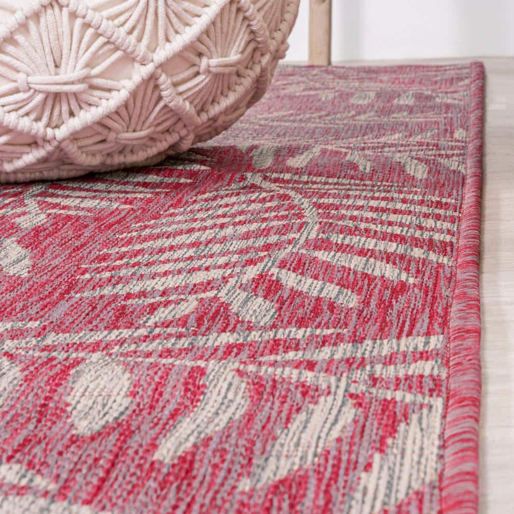 Fuchsia and Light Gray Palm Frond Synthetic Runner Rug, 2'-2" x 8'