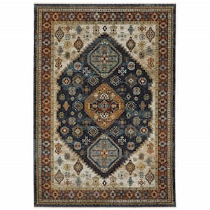 Blue Red Beige Orange Gold and Tan 3 ft. x 5 ft. Oriental Power Loom Stain Resistant Fringe with Area Rug