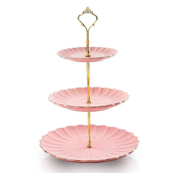3-Tier Pink Ceramic Cake Stand with Gold Trim Scalloped Dessert Cupcake Stand for Wedding and Tea Party