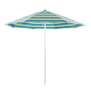 9 ft. White Aluminum Commercial Market Patio Umbrella with Fiberglass Ribs and Push Lift in Seville Seaside Sunbrella