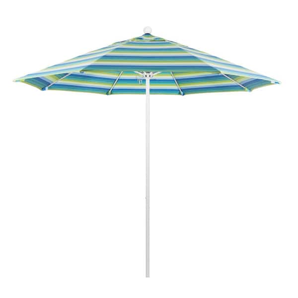 California Umbrella 9 ft. White Aluminum Commercial Market Patio Umbrella with Fiberglass Ribs and Push Lift in Seville Seaside Sunbrella