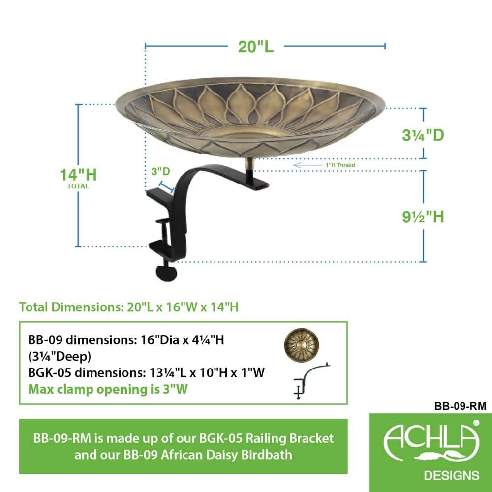 Antique Brass African Daisy Birdbath with Black Iron Rail Mount