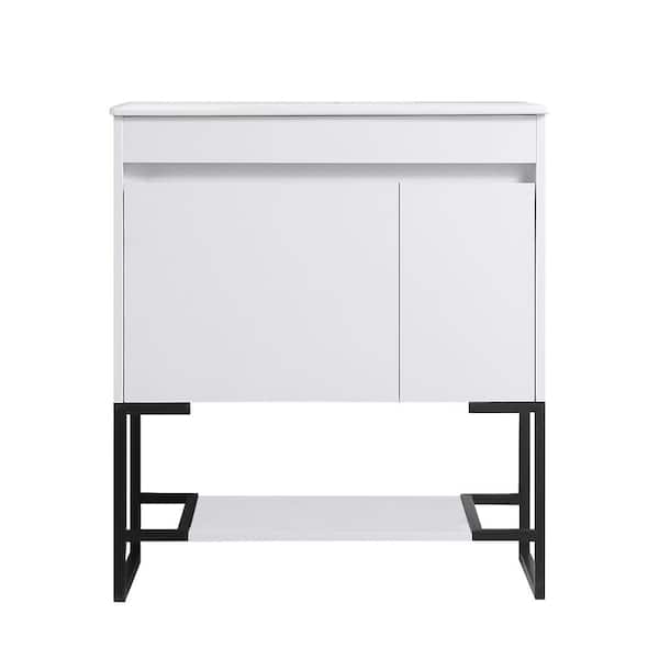 Aoibox 30 in. W x 18 in. D x 33 in. H Freestanding Bath Vanity in White with White Ceramic Top, Black Metal Legs