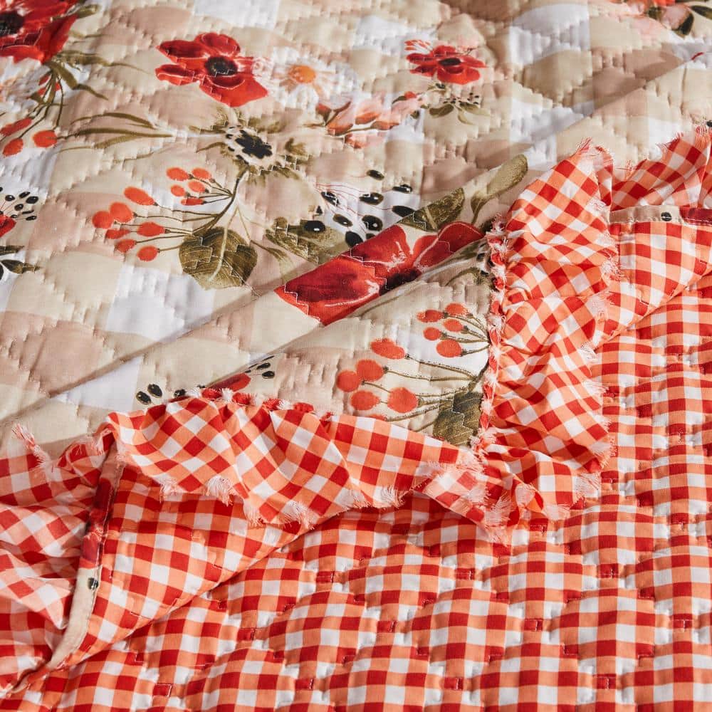 Gingham Floral Reversible Cotton Throw Blanket with Ruffle Trim