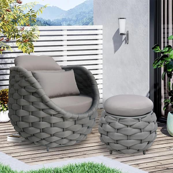 28 in.Black Aluminum Woven Rope Outdoor Chaise Lounge Patio Single Sofa Lounge Chair with Ottoman and Dark Gray Cushions