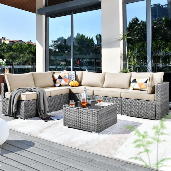 Elora Gray 7‑Piece Wicker Outdoor Patio Conversation Set with Beige Cushions Ideal for Backyard, Deck, or Garden