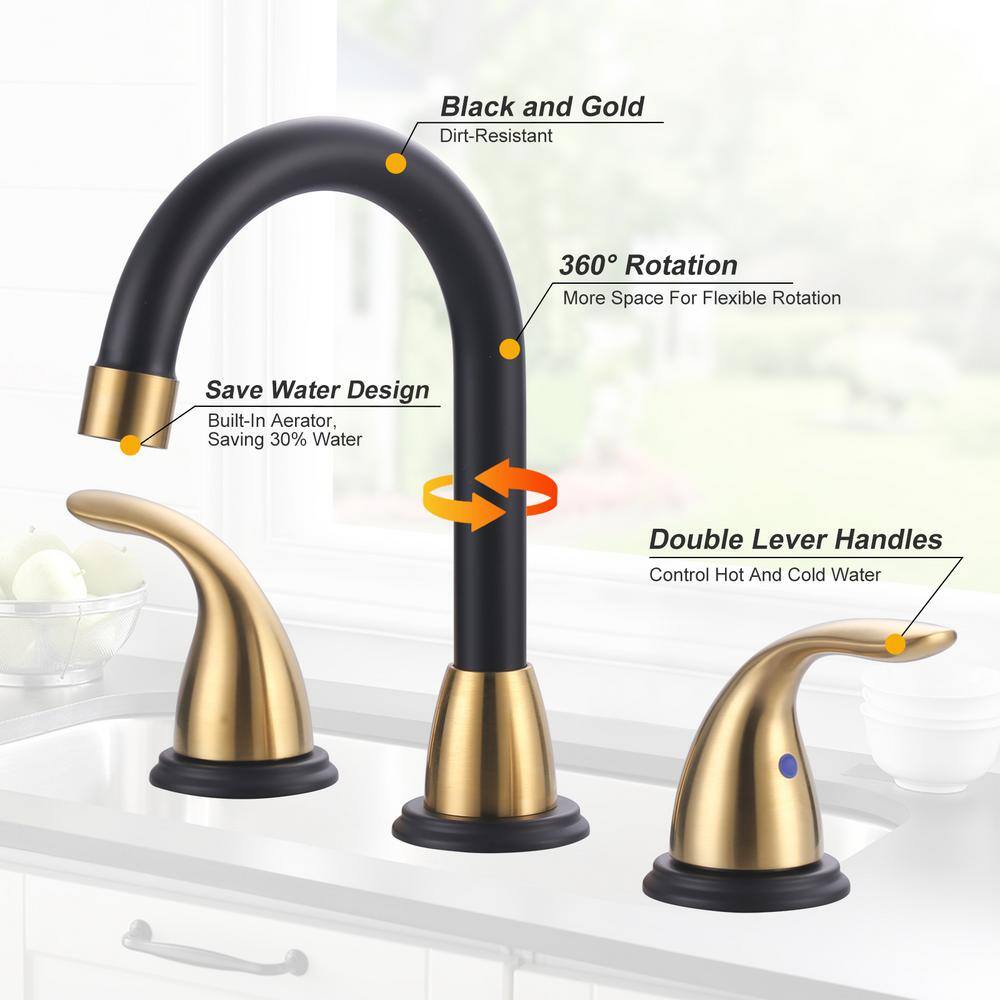 8 Inch Black and Gold Double Handle Widespread Bathroom Faucet