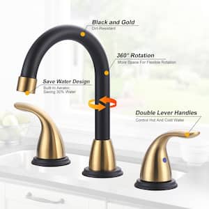 8 in. Widespread Double Handle Bathroom Faucet with Pop-Up Drain Assembly in Black and Gold
