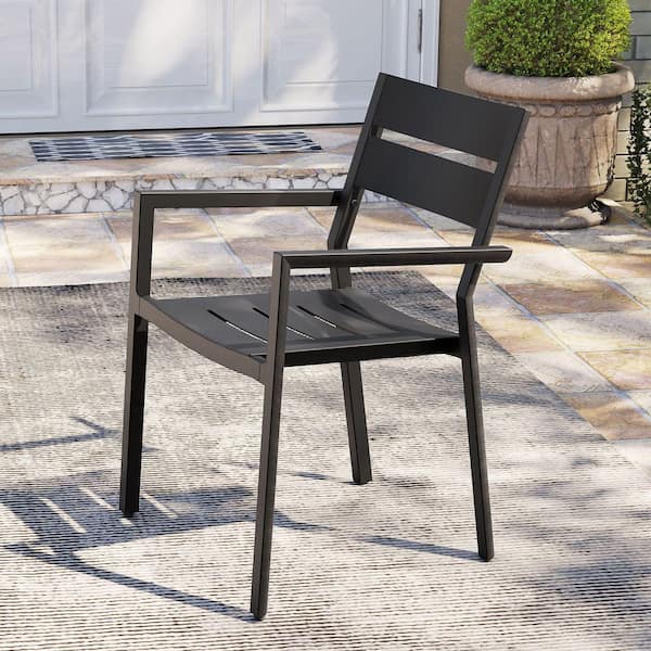 Patio Stackable Aluminum Outdoor Dining Chairs in Black Set of 8, with Arms