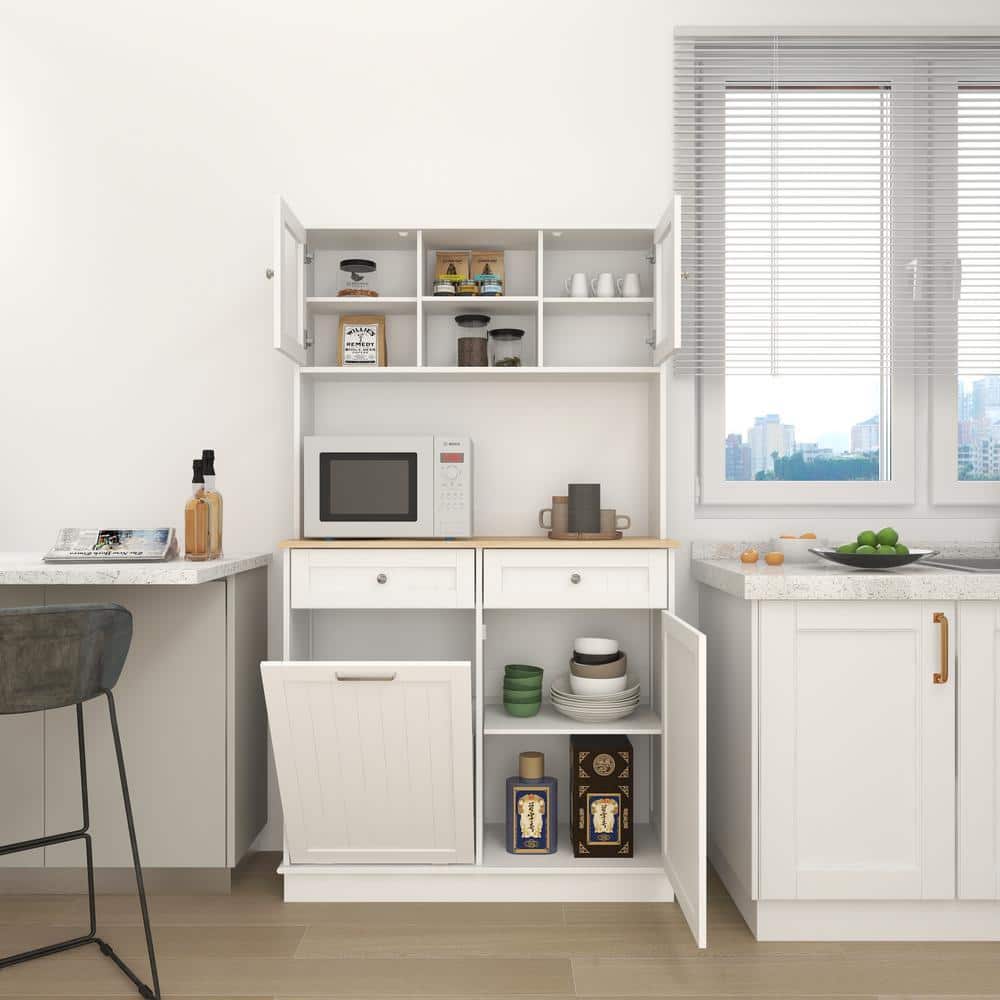 バンバラヤー（キャビネット） Cesicia White Wood 39 in. W Kitchen Pantry Cabinet with Trash Can