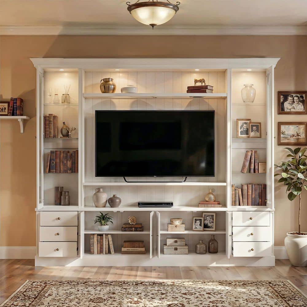 White TV Stand Entertainment Center Fits TVs up to 60 in. with Glass Doors, 6 Drawers, Shelves, Spotlights, 2 Cabinets price history on PriceWatchPro