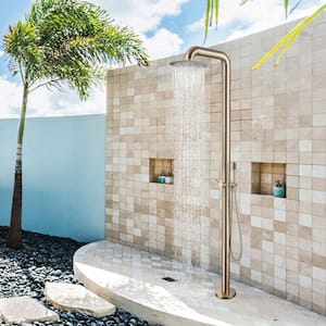 Outdoor Exposed Single-handle Freestanding Tub Faucet with Rainfall Shower Head in Brushed Gold