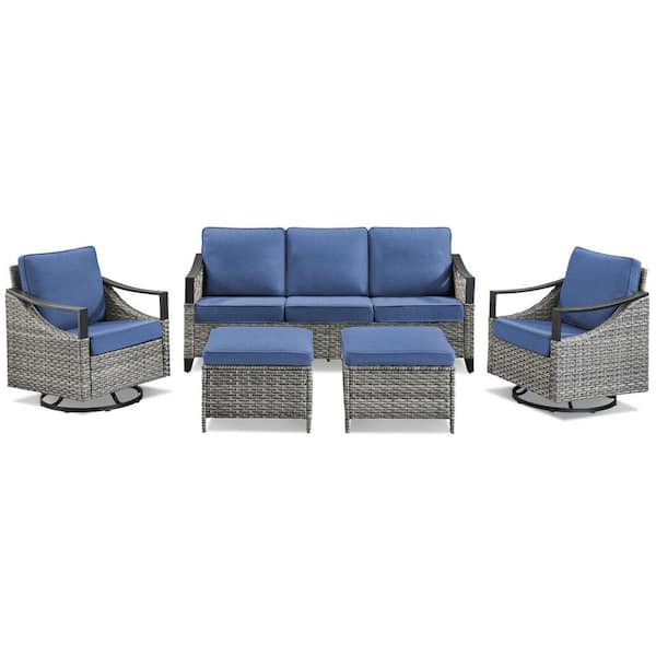 5-Piece Wicker Patio Conversation Set with Blue Cushions, Iron Handrail
