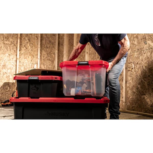 Husky - 27 Gal. Pro Grip Storage Tote in Clear with Red Lid