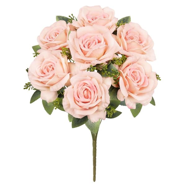 LIVING LUXURY 17 in. Deluxe Blush Peach Artificial Elegant Rose Flower Stem Bush Bouquet (Set of 2)