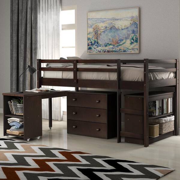 GOSALMON Espresso Twin Loft Bed with Cabinet and Rolling Portable Desk ...