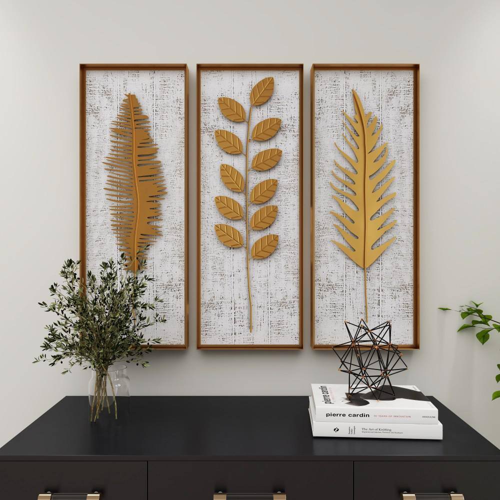Gold and White Rectangular 3D Leaf Wall Sculpture Set