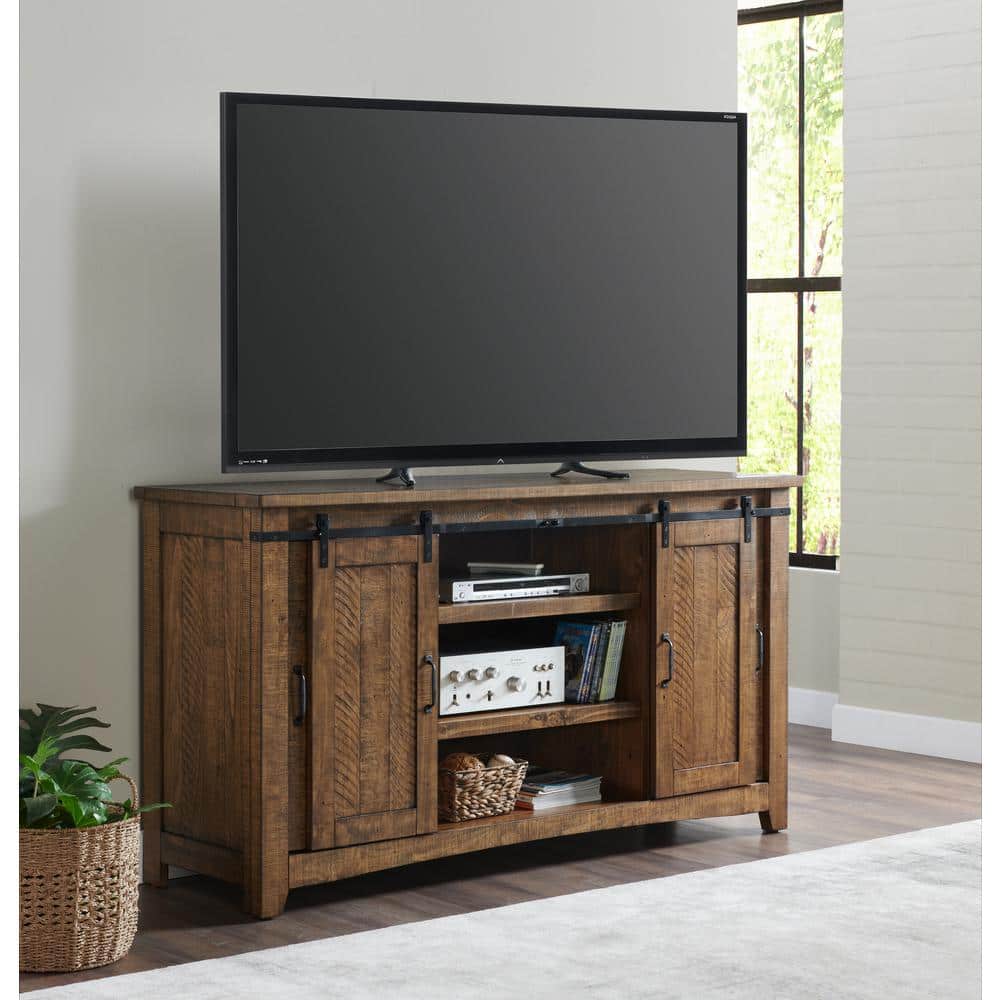 Rustic Pine and Black Metal Mesh 65" TV Stand with Cabinet