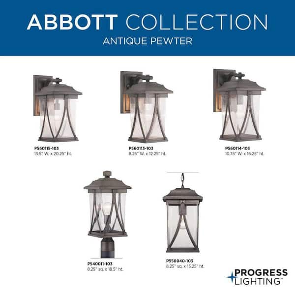 Abbott Collection 1-Light Antique Pewter Clear Seeded Glass Craftsman Outdoor Large Wall Lantern Light