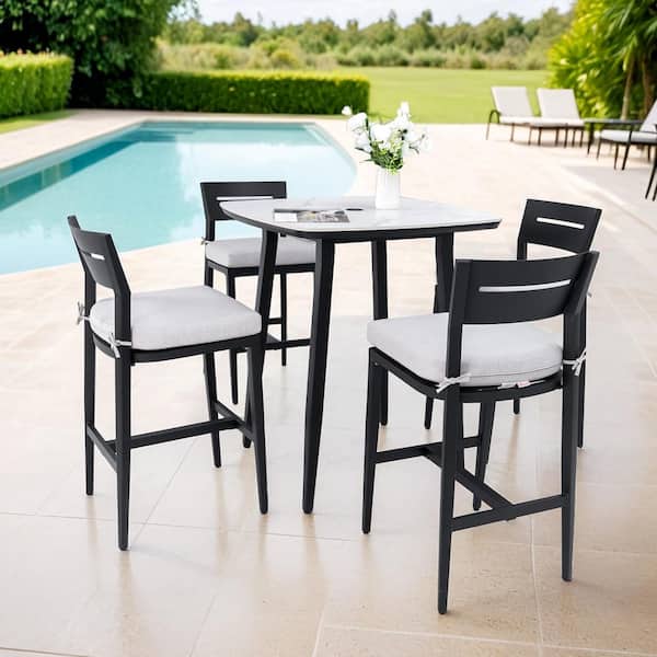 Black 5-Piece Aluminum Outdoor Bistro Set Modern with White Cushion and 4-Stool Chairs