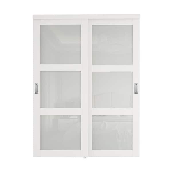 ARK DESIGN 60 in. x 80 in. 3-Lite Frosted Glass White Finished MDF Interior Closet Sliding Door with Hardware and Sliver Handles