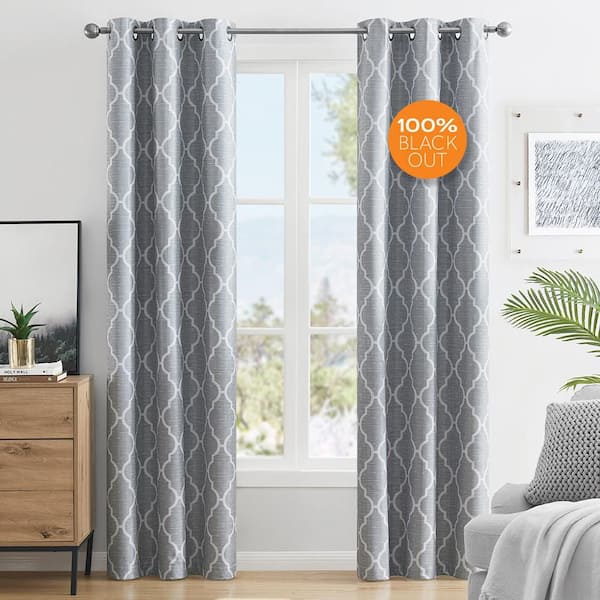 Trellis Gray 38 in. W x 84 in. L Printed Grommet 100% Blackout Curtain (Single Panel)