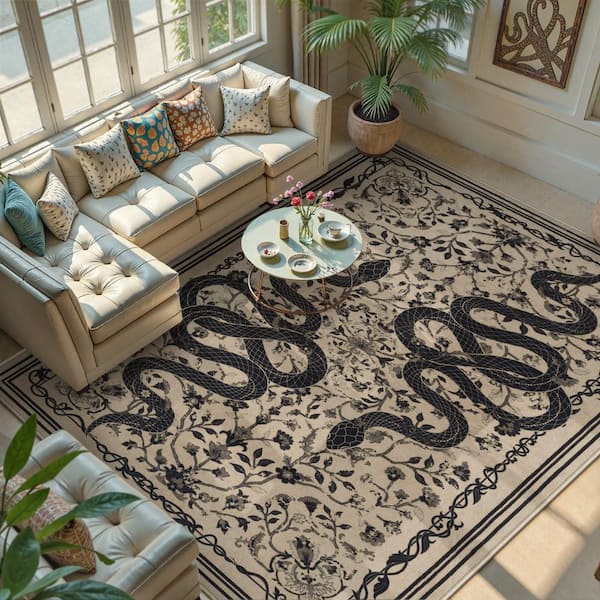 Washable Vintage Snake Pattern Non Slip Beige Serpent 5 ft. x 7 ft. Living Room/Bedroom Indoor Area Rug