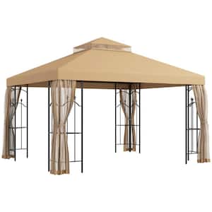 10 ft. x 12 ft. Brown Patio Gazebo with Corner Frame Shelves, Double Roof Outdoor Canopy Shelter with Netting