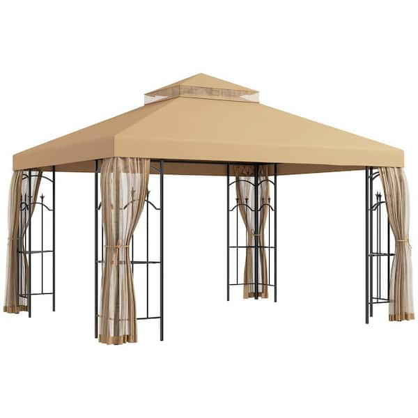 Outsunny 10 ft. x 12 ft. Brown Patio Gazebo with Corner Frame Shelves ...