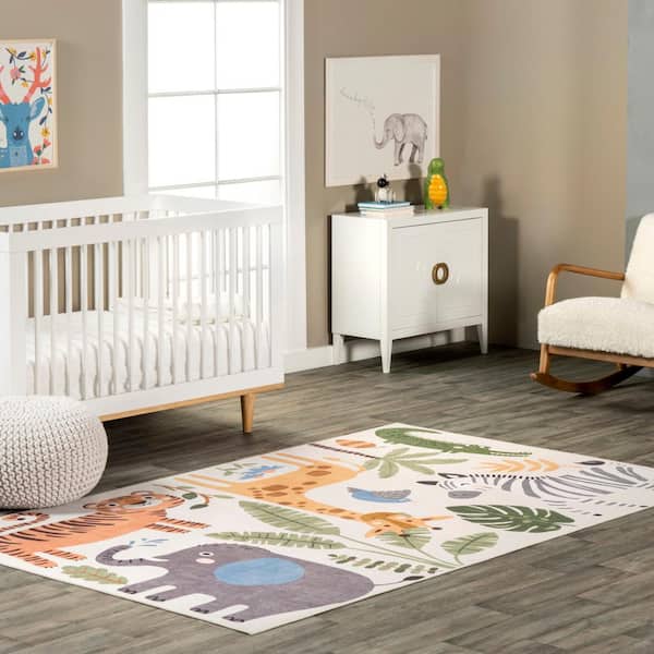 Felipa Safari Machine Washable White Multi 3 ft. x 5 ft. Kids Doormat Accent Rug