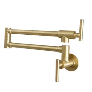 Wall Mount 2-Handle Kitchen Pot Filler Faucet with Double Joint Swing Arms in Brushed Gold