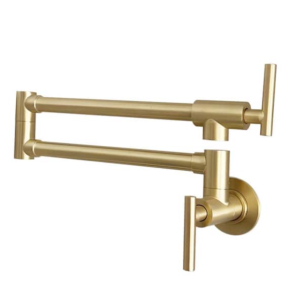 Maincraft Wall Mount 2-Handle Kitchen Pot Filler Faucet with Double Joint Swing Arms in Brushed Gold