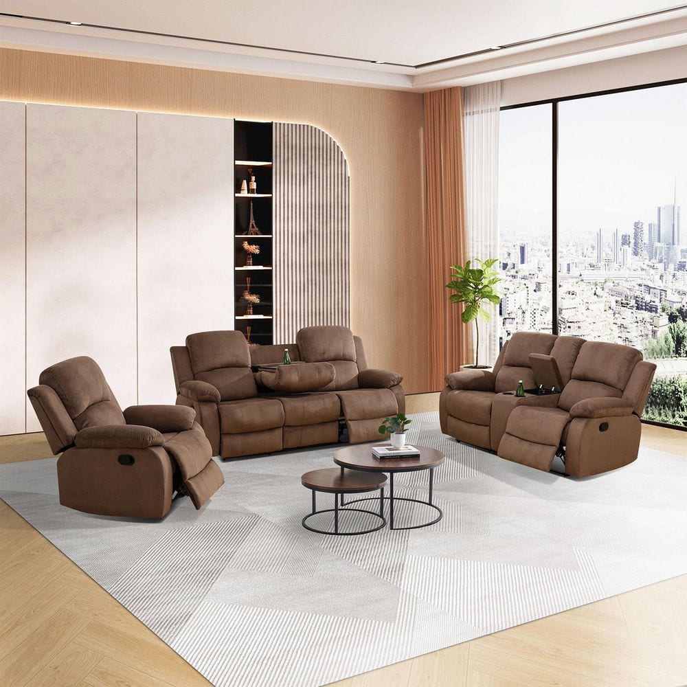 182 in. Pillow Top Arm Performance Fabric Recliner Sofa Set, Rectangle Brown 6-Seat Sectional with Storage