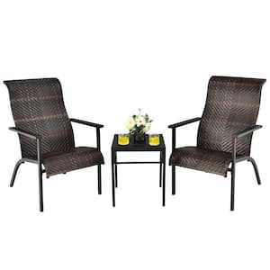 3 -Piece Patio Rattan Bistro Set High Backrest Armrest SideTable Mix Brown