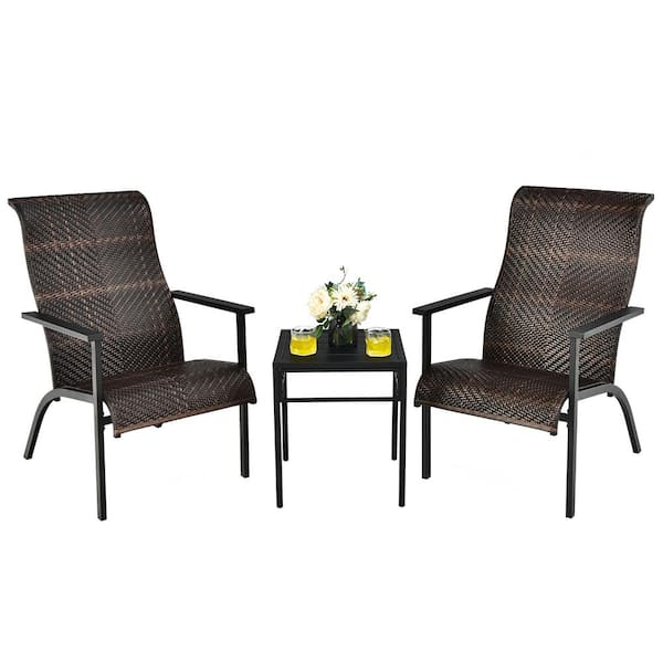 Costway 3 -Piece Patio Rattan Bistro Set High Backrest Armrest SideTable Mix Brown
