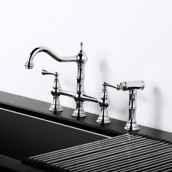 Double Handle Bridge Kitchen Sink  Faucet with Side Sprayer in Chrome