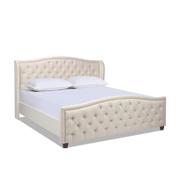 Fontana Beige Upholstered Wood Frame King Platform Bed with Wingback Headboard